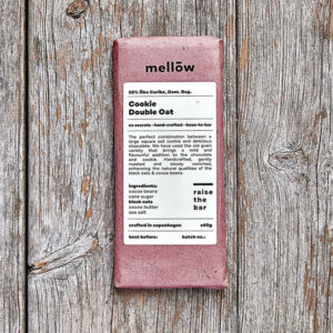 Chokoladebar "Mellow Cookie Double Oat", 58% kakao, 60g, ingredienser: kakaobønner, sukker, havre.