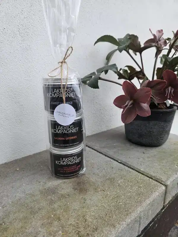 Gavepakke med tre lakridsdåser i klar plast, på stensokkel ved plante.
