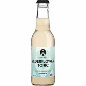 Klar flaske med lyseblå etiket, "Macarn Elderflower Tonic", økologisk mixer, sort låg.