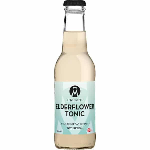 Klar flaske med lyseblå etiket, "Macarn Elderflower Tonic", økologisk mixer, sort låg.