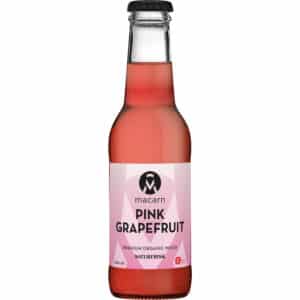 Flaske med pink sodavand, sort låg. Etiket: "Macarn Pink Grapefruit", 200 ml, økologisk mixer.