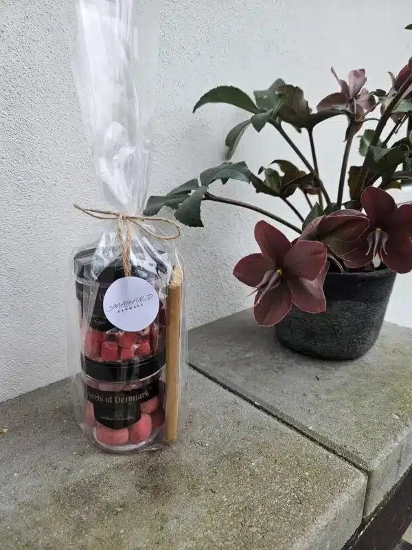 Gavepakke med lyserøde items i gennemsigtig pose, bundet med snor, ved siden af en blomsterplante.