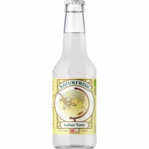 Klar glasflaske med metallåg, globusetiket med dyr, mærket "Naturfrisk Indian Tonic".