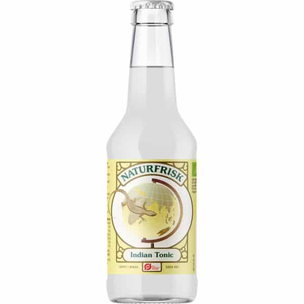 Flaske af klart glas med "Naturfrisk Indian Tonic" label, globus og øgle illustrationer.