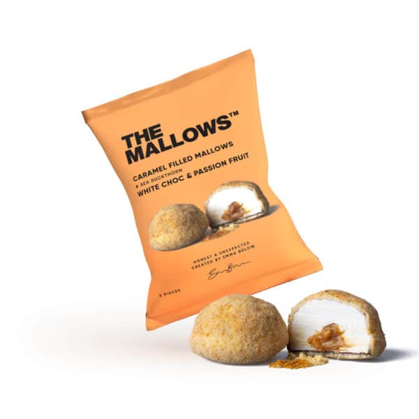 Caramel Filled Mallows Belgian White Choc Passion fruit Sea Buckthorn Flowpack 1