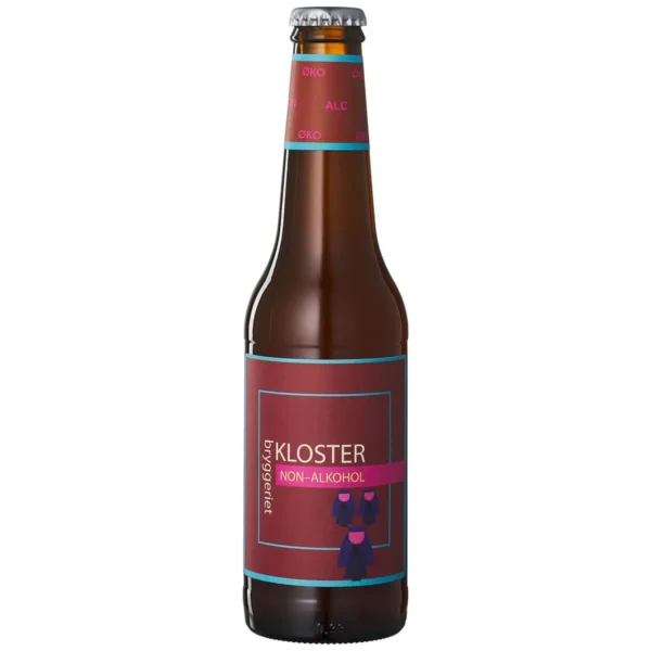 Brun flaske med rød label, "Kloster Non-Alkohol", økologisk, munkefigur.