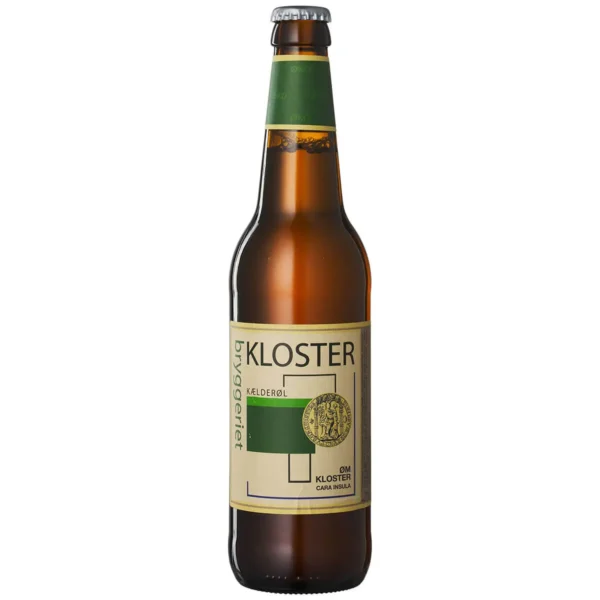 Brun flaske med grøn/beige etiket, "KLOSTER" og "KÆLDERØL" fremhævet. Økologisk øl.