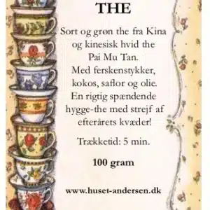 Huset Andersen "Hygge The" etiket med tekopper, sort/grøn the, fersken, kokos, trækketid 5 min.