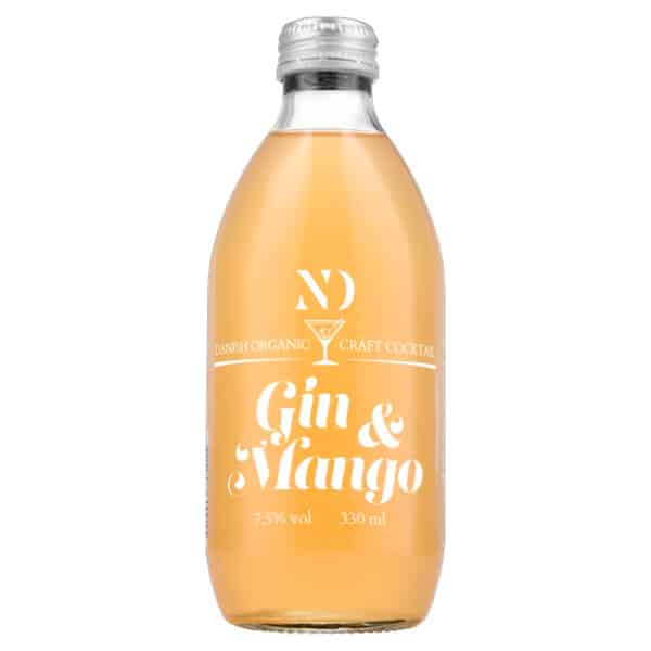 Klar flaske med lyseorange væske, mærket "Gin & Mango", 330 ml, 7.5% vol, økologisk cocktail.