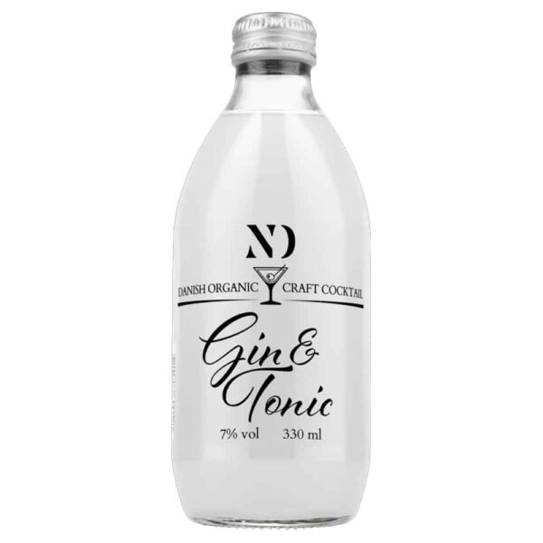 Klar flaske med "Nyborg Destilleri Gin & Tonic", 7% alkohol, 330 ml, sort tekst på gennemsigtig baggrund.