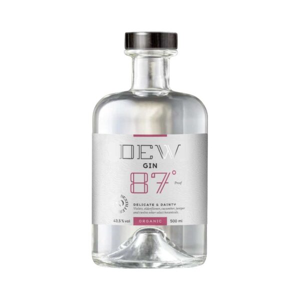 Flaske med Nyborg Gin DEW 87°, 43,5% vol, 500 ml. Moderne etiket, økologisk produkt.