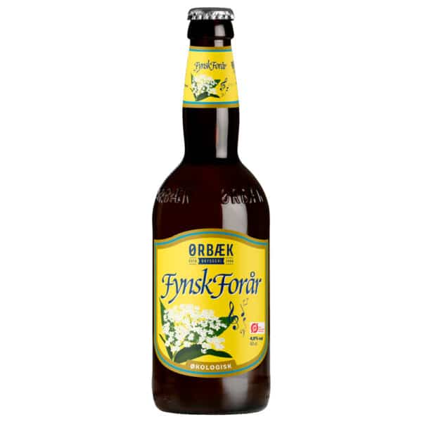 Mørk ølflaske med gul etiket, Ørbæk Bryggeri Fynsk Forår, 4,8% alk., 50 cl, økologisk.