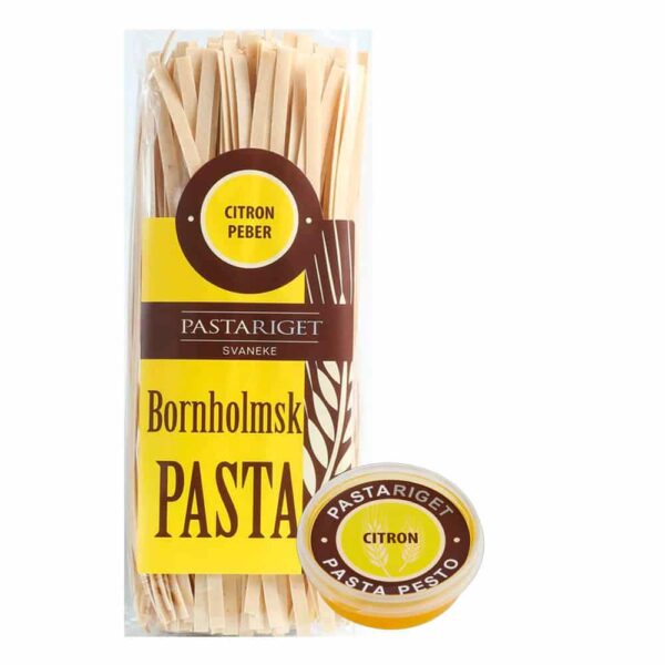 Pastariget citron peber pasta og citron pesto. Bornholmsk specialitet til smagfulde retter.