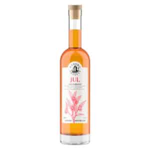 Slank flaske med klar glas, amber væske, "JUL" etiket. 500 ml, 42% ABV, Nyborg Destilleri.