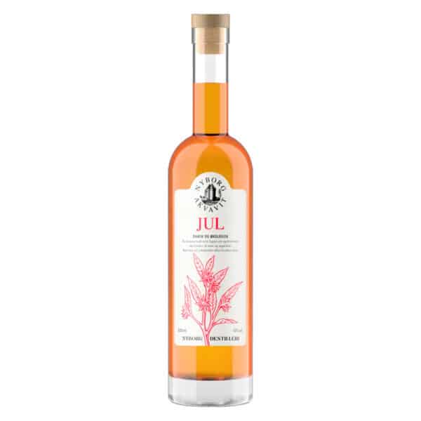 Slank flaske med klar glas, amber væske, "JUL" etiket. 500 ml, 42% ABV, Nyborg Destilleri.