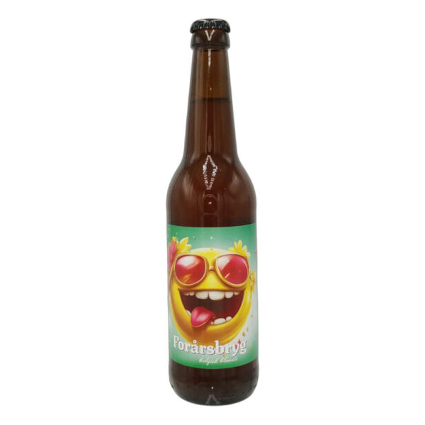 Brun ølflaske med farverig etiket af glad sol med solbriller, Forårsbryg Belgisk Blonde 6,5%.