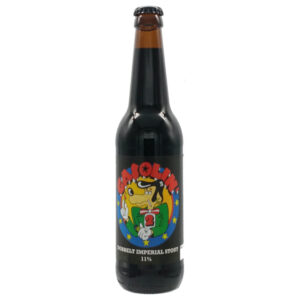 Flaske med mørk øl fra Randers Bryghus. Sort etiket, farverigt logo. Dobbelt Imperial Stout, 11%.