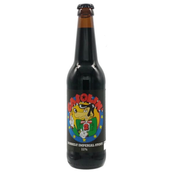Flaske med mørk øl fra Randers Bryghus. Sort etiket, farverigt logo. Dobbelt Imperial Stout, 11%.