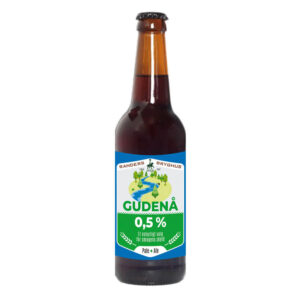 Randers Bryghus Gudenå 0,5% Pale Ale i brun flaske med blå/grøn etiket af flod og træer.