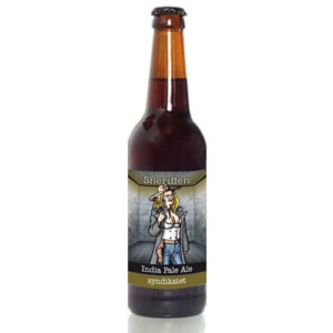 Ølflaske fra Randers Bryghus, Sheriffen-serie, brun med western-etiket og mørk kapsel.