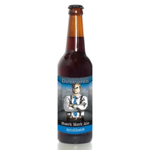 Ølflaske fra Randers Bryghus, "Direktøren". Blå etiket, stærk mørk ale, forseglet med kronkapsel.