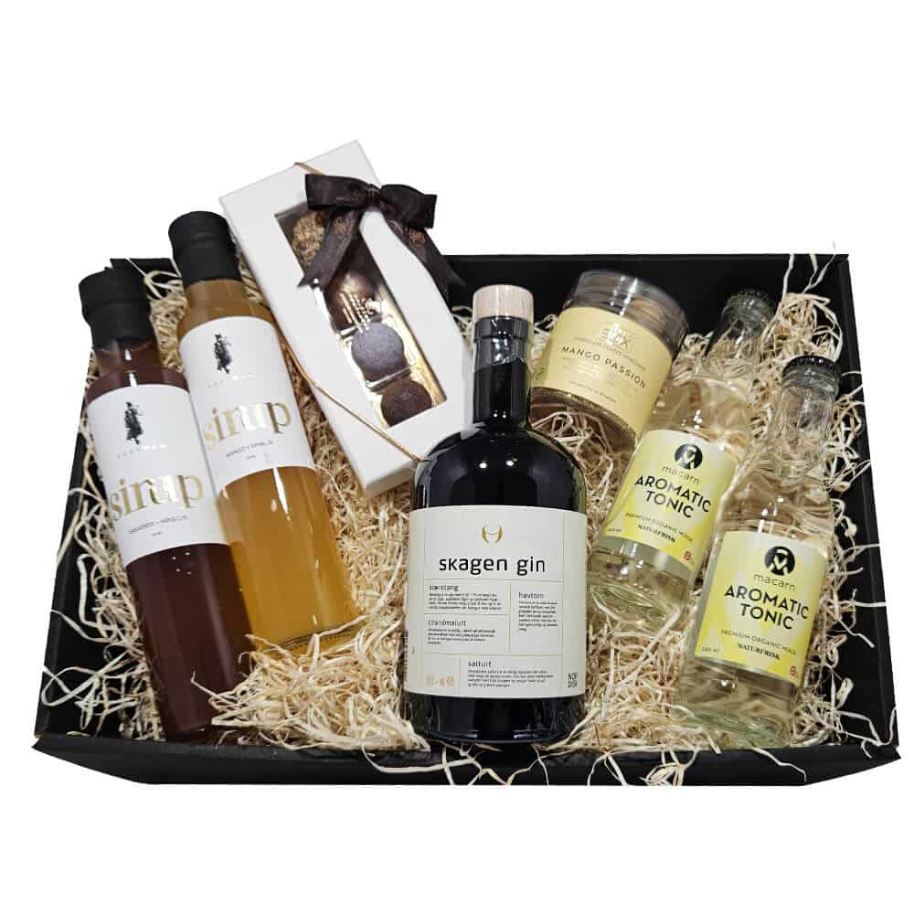 Gavekurv: Skagen Gin, sirup og luksus chokolade
